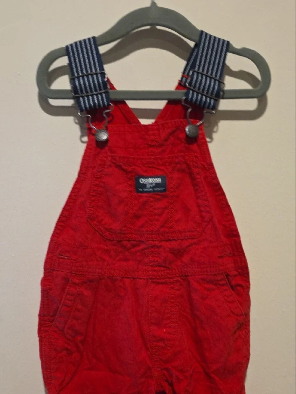 OshKosh B'gosh Red Corduroy Short Overalls with Striped Straps Size 2t 2a